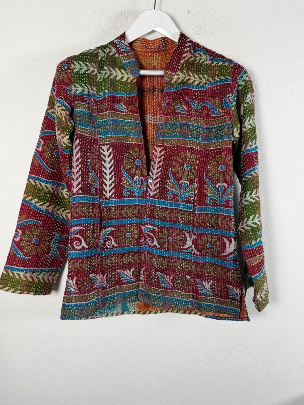 Handmade Women's Kantha Quilted Jacket Boho Floral Reversible Red Lightweight